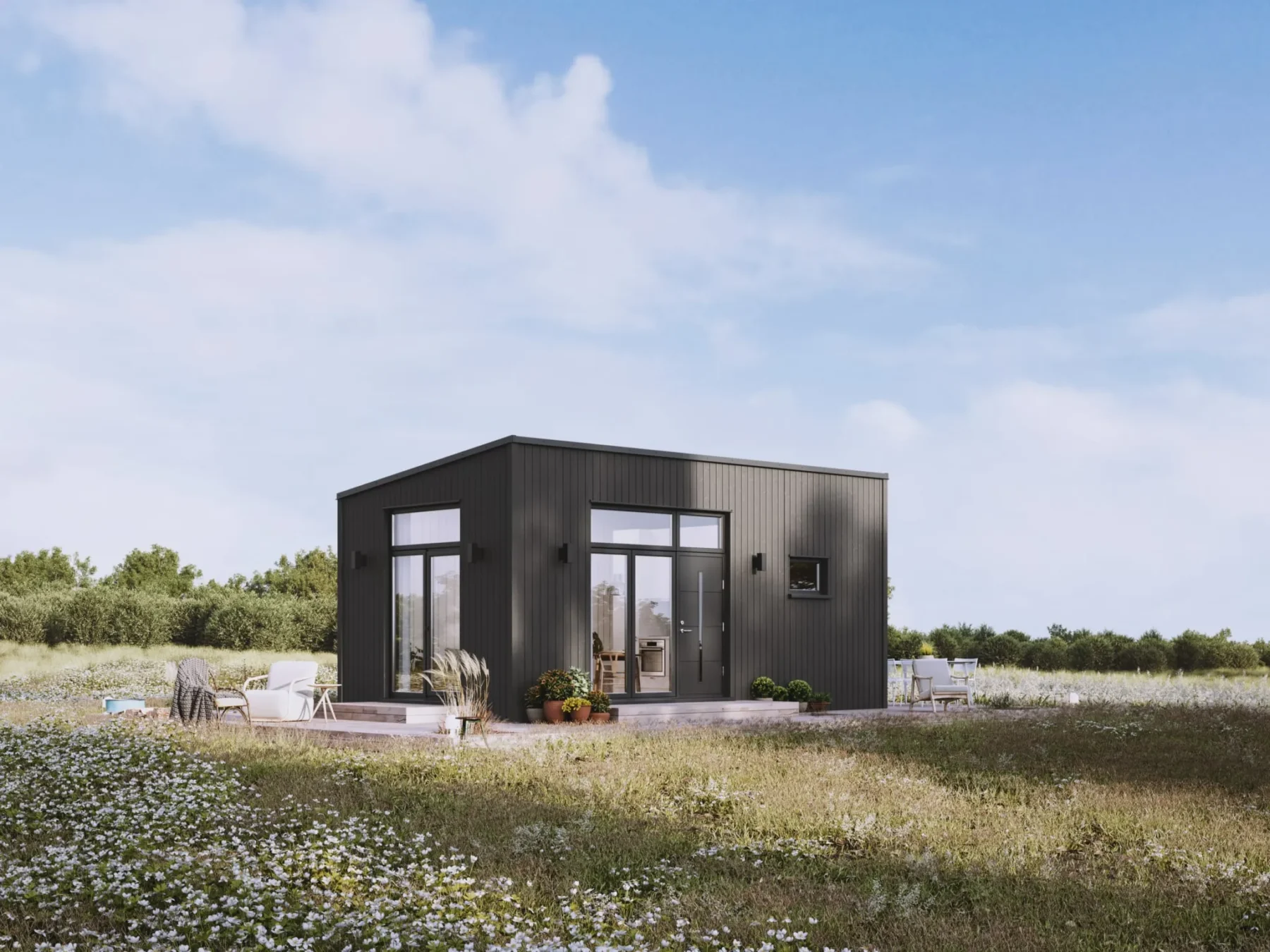 Microhus_Pulpet_30.3PP_sort_fasade_stående_panel_uten takutstikk_svarte_vinduer_ytterdør_entré