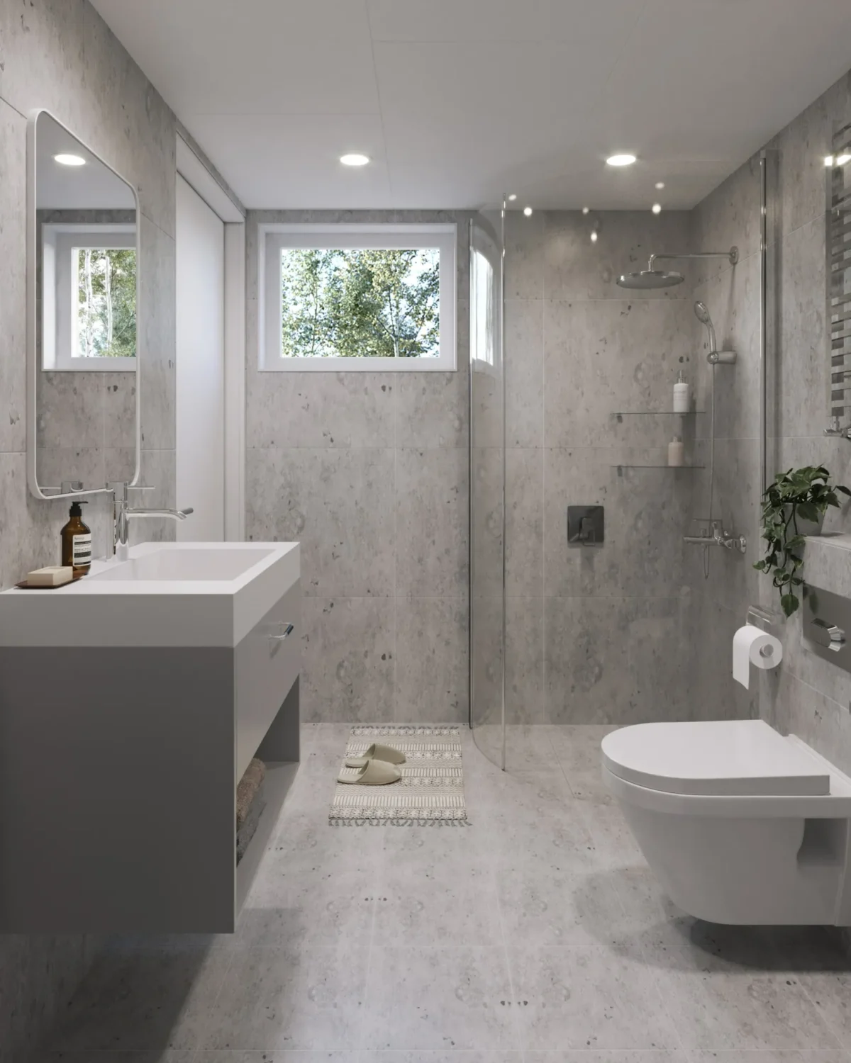 Microhus_Pulpet_30.3_Interiør_bad_dusj_grå_fliser_fliser_lite_vindu_spotlights