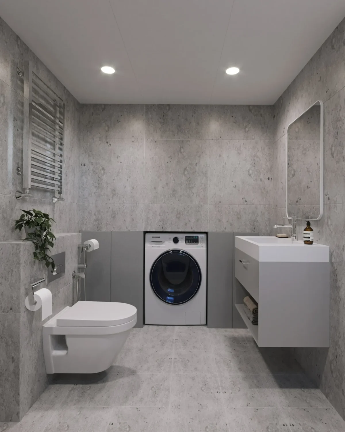 Microhus_Pulpet_30.3_Interiør_bad_wc_grå_fliser_fliser_vaskemaskin_spotlights