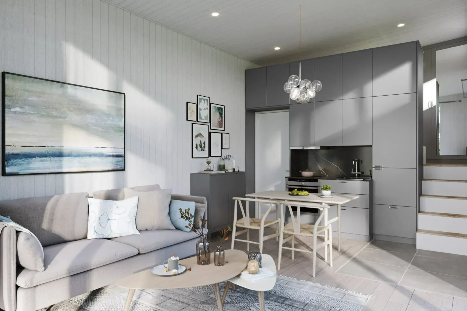 Microhus_Pulpet_30.3_Interiør_grått_kjøkken_spiseplass_stue_fliser_parkett_hvit_panel_spotlights_trapp