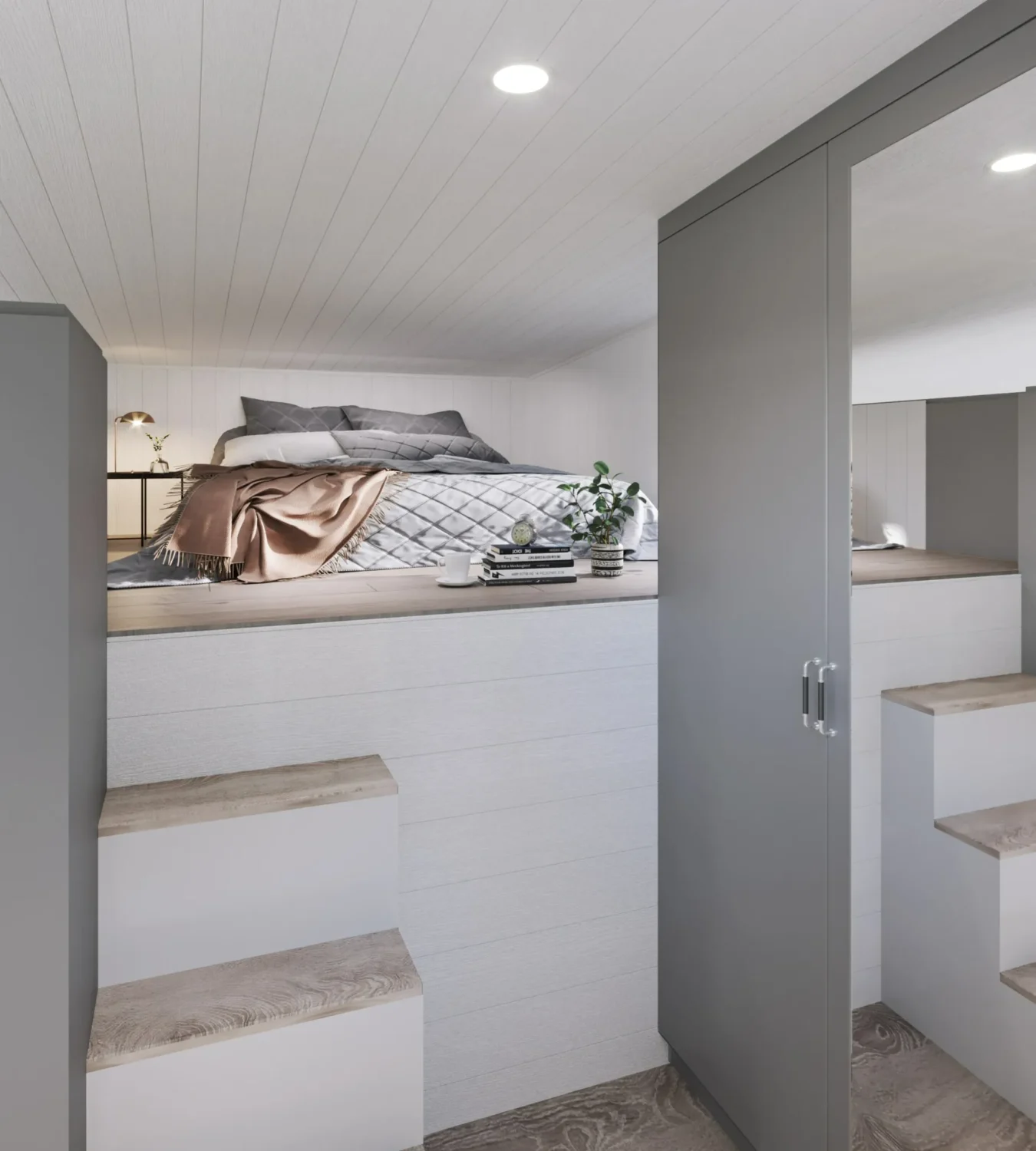 Microhus_Pulpet_30.3_Interiør_soveloft_garderobe_speil_spotlights