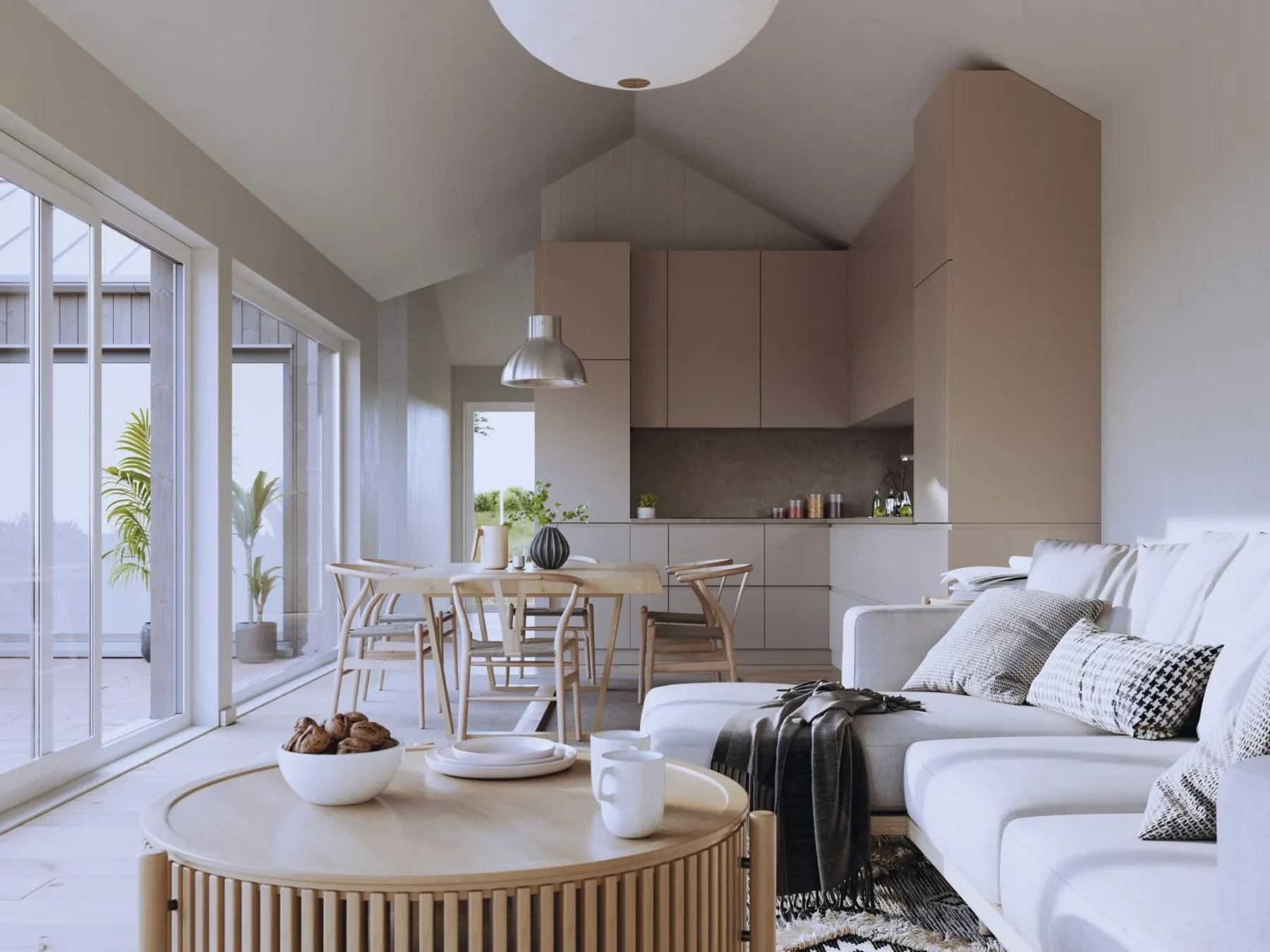Helårsbolig_Klassisk_80.5L_Interior_beige_kjøkken_stue_skyvedører_store vinduer