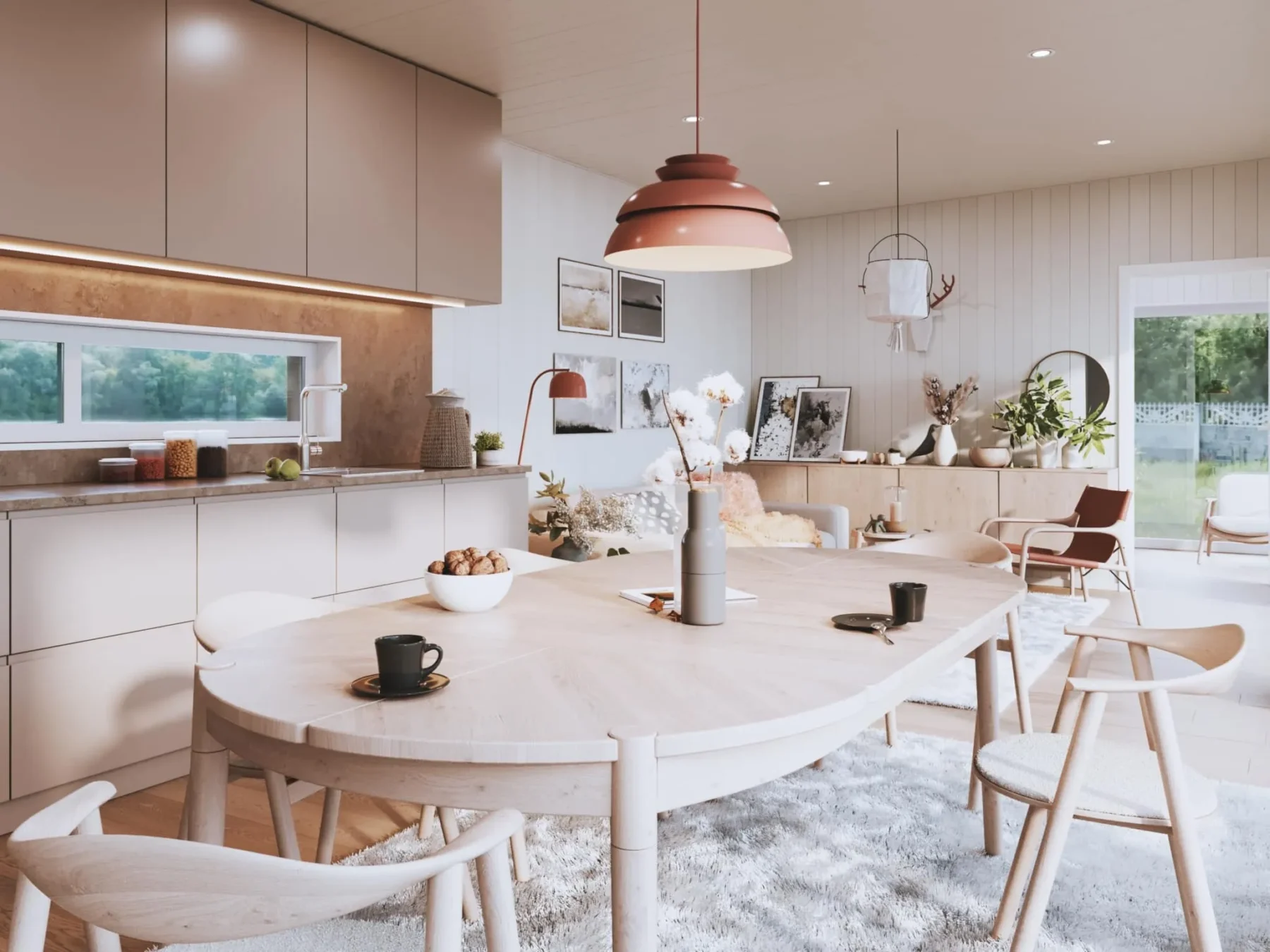 Helårsbolig_Rak_80.6T_Interiør_beige_kjøkken_spiseplass_stue_parkett_trepanel_spotlights