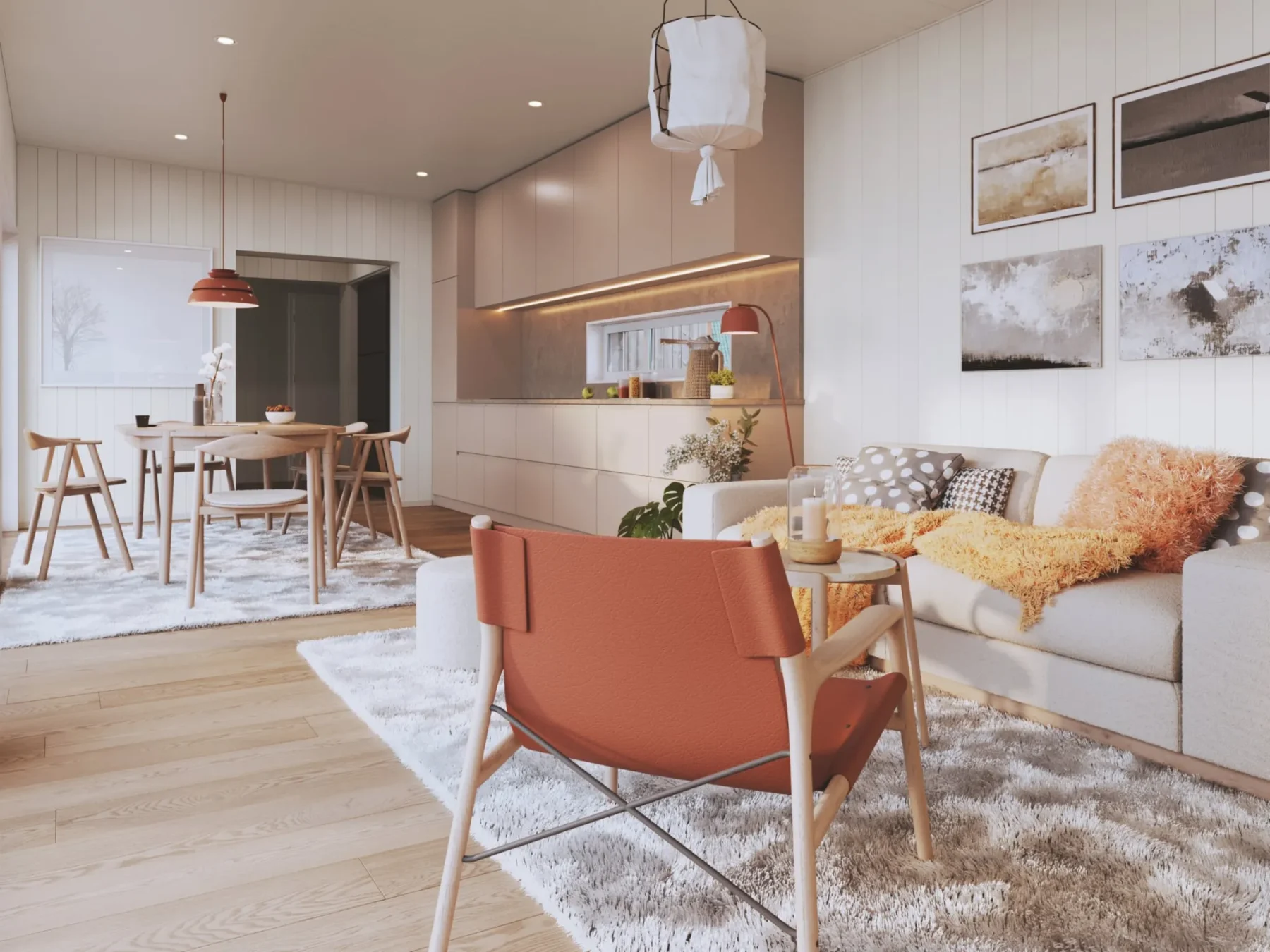 Helårsbolig_Rak_80.6T_Interiør_kjøkken_stue_sofa_trepanel_spiseplass