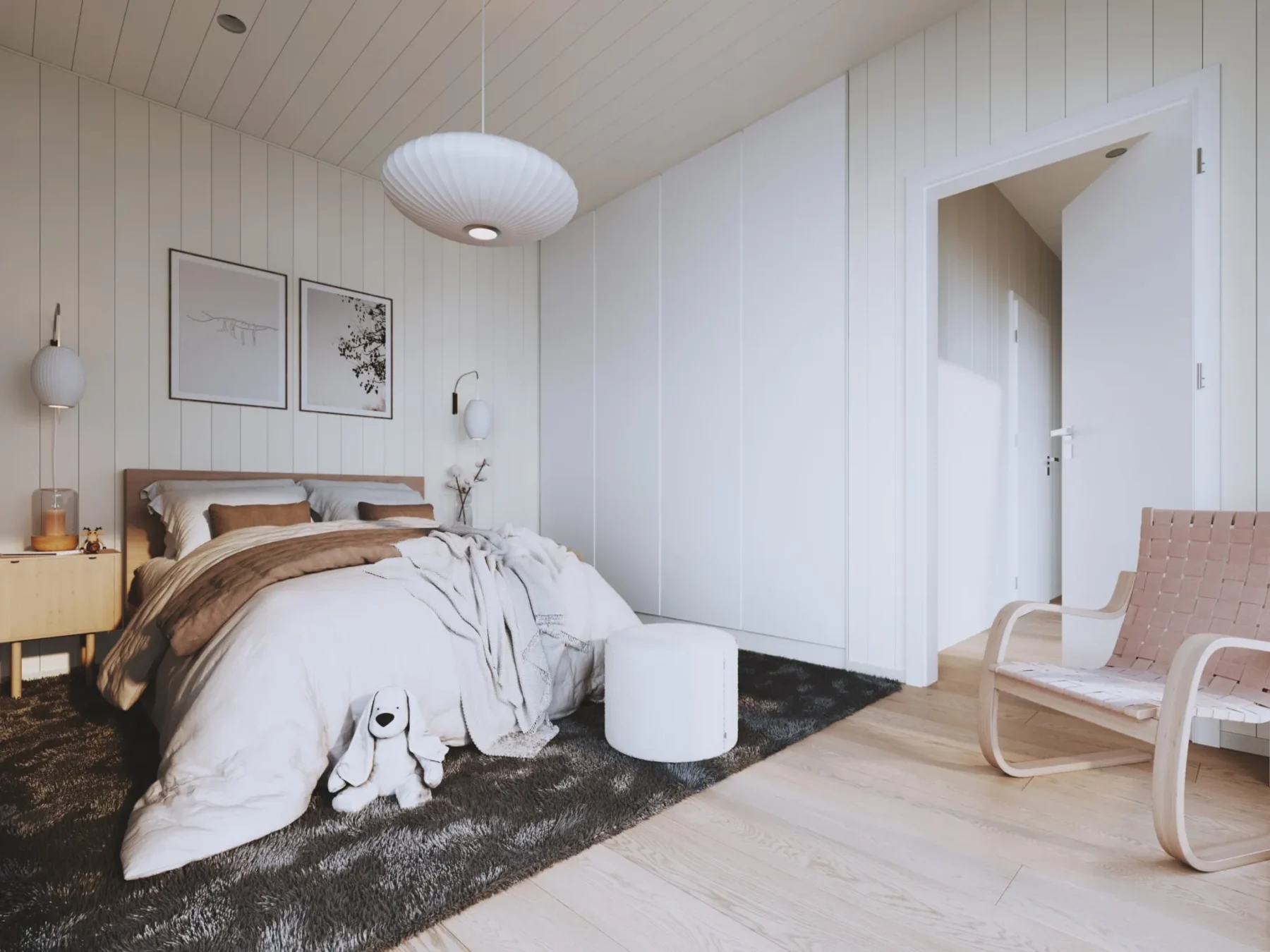 Helårsbolig_Rak_80.6T_Interiør_hvit_soverom_trepanel_garderober_stor_seng