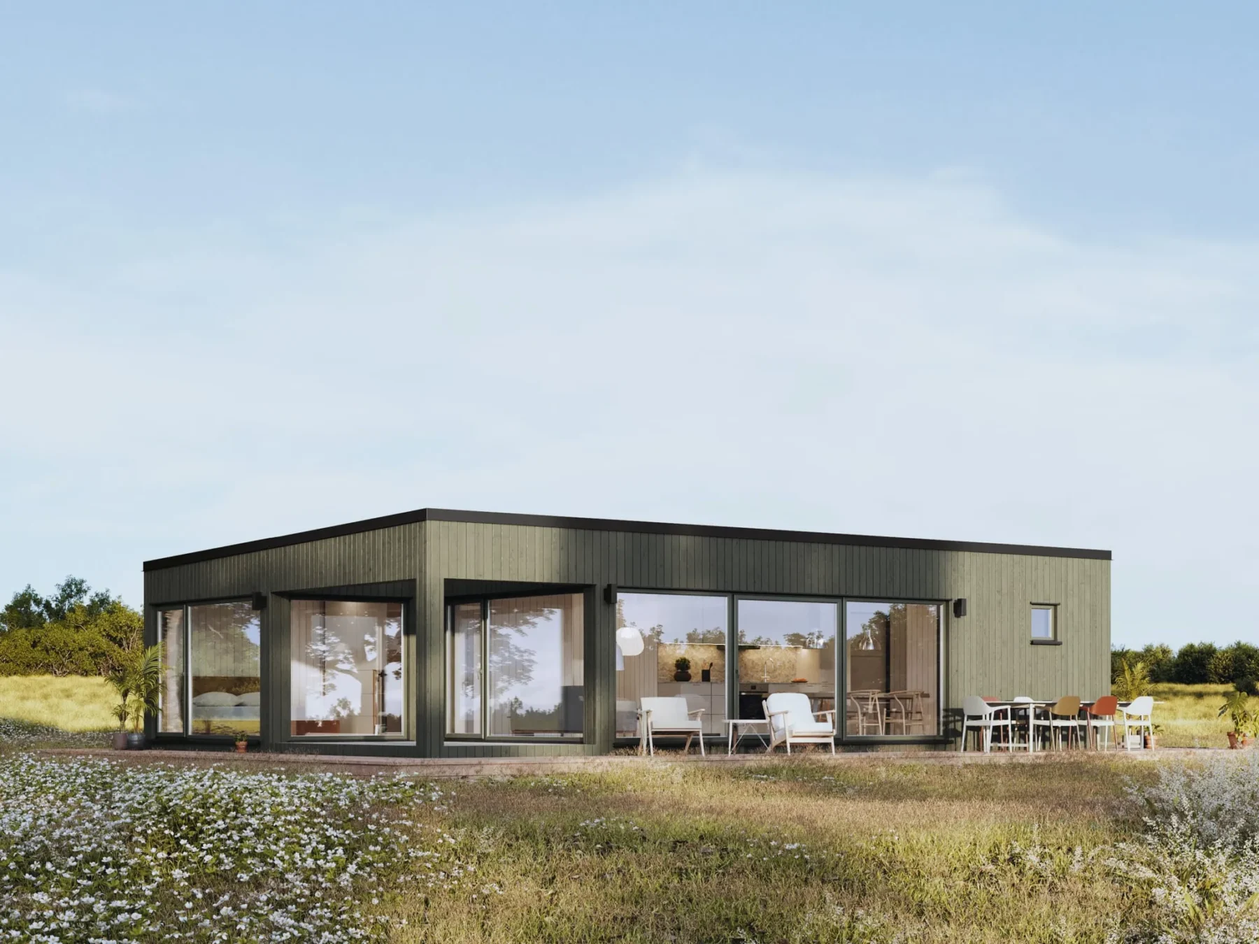 Helårsbolig_Rak_90.4K.Z_Exterior_grønn_fasade_stående_panel_terrasse_store_vinduer