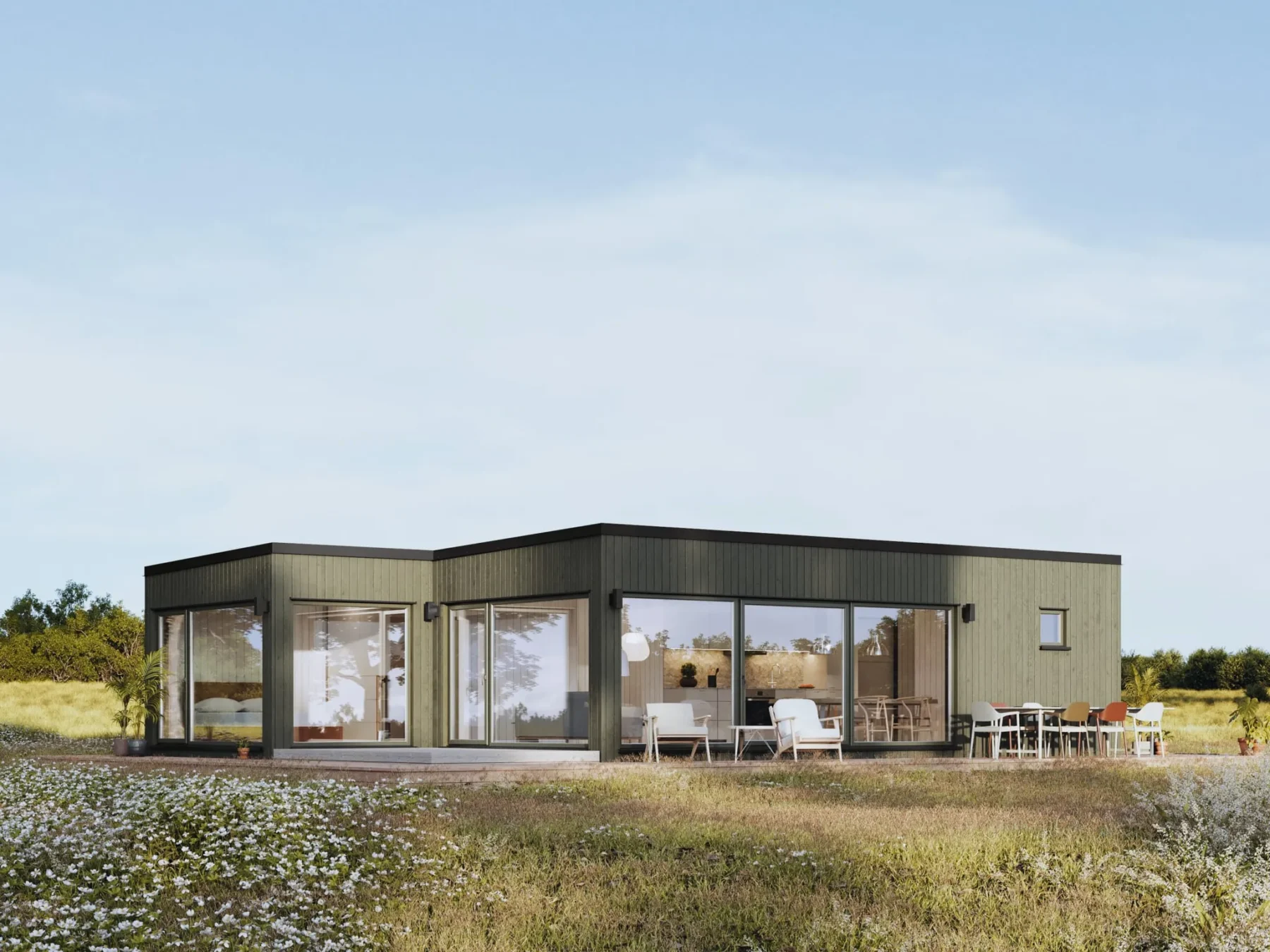 Helårsbolig_Rak_90.4K.Z_Exterior_grønn_fasade_stående_panel_terrasse_store_vinduer