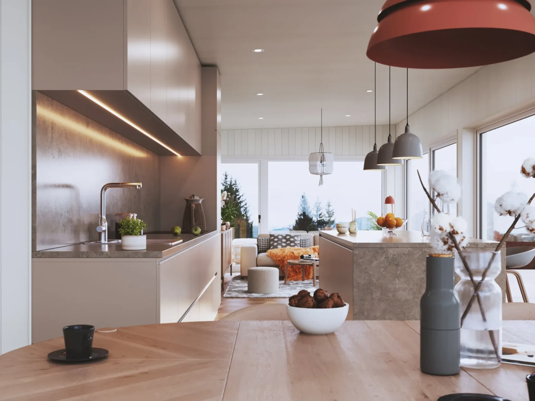 Helårsbolig_Rak_90.4Z_Interior_beige_kjøkken_matbord_kjøkken_øy