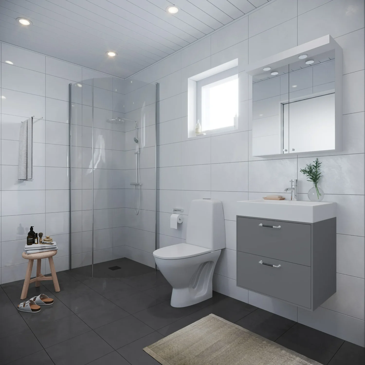 Dusj_toalett_spotlights_grå_kommode