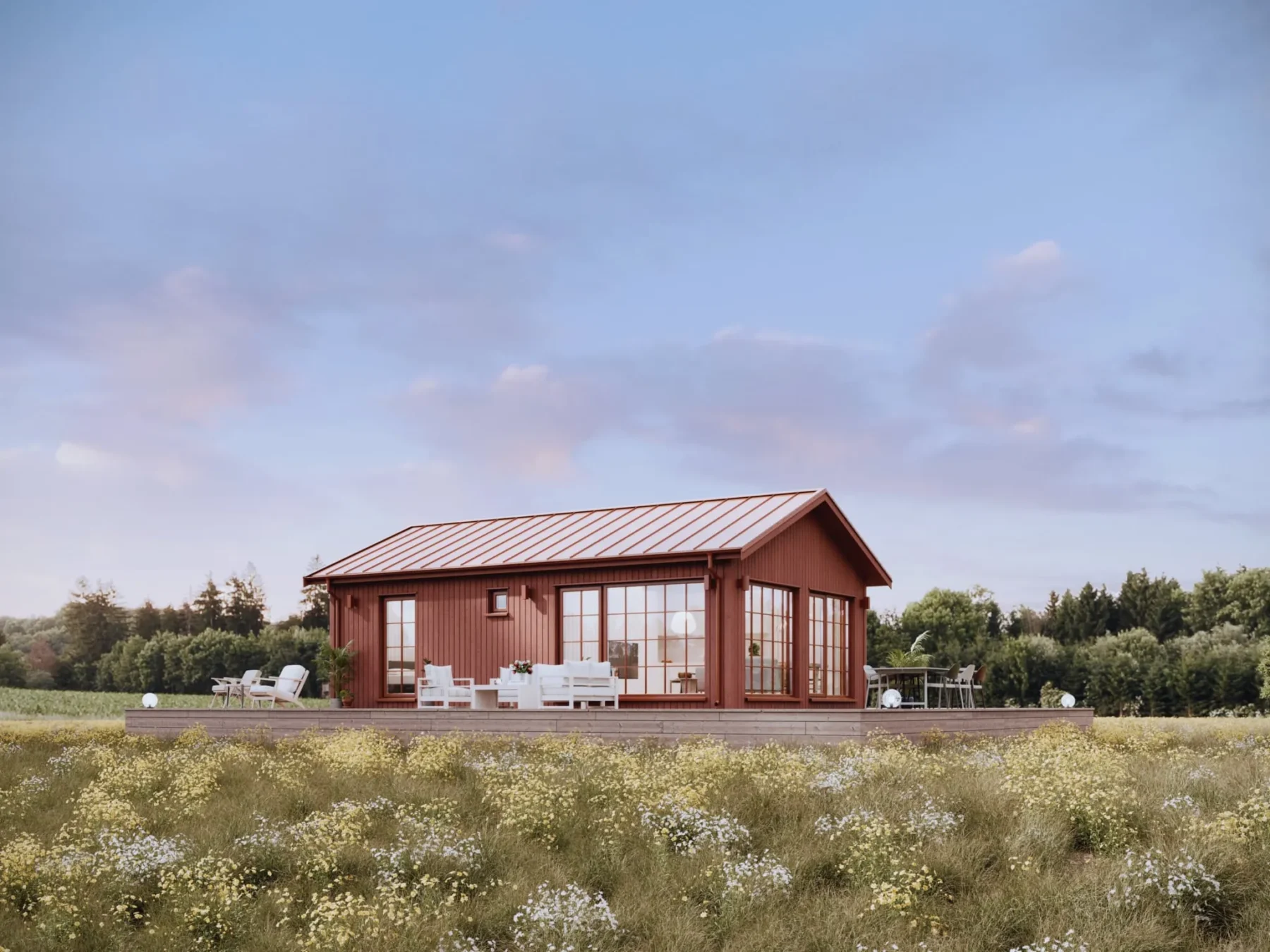 Fritidshus_50kvm hus rød stående panel store vinduer terrasse