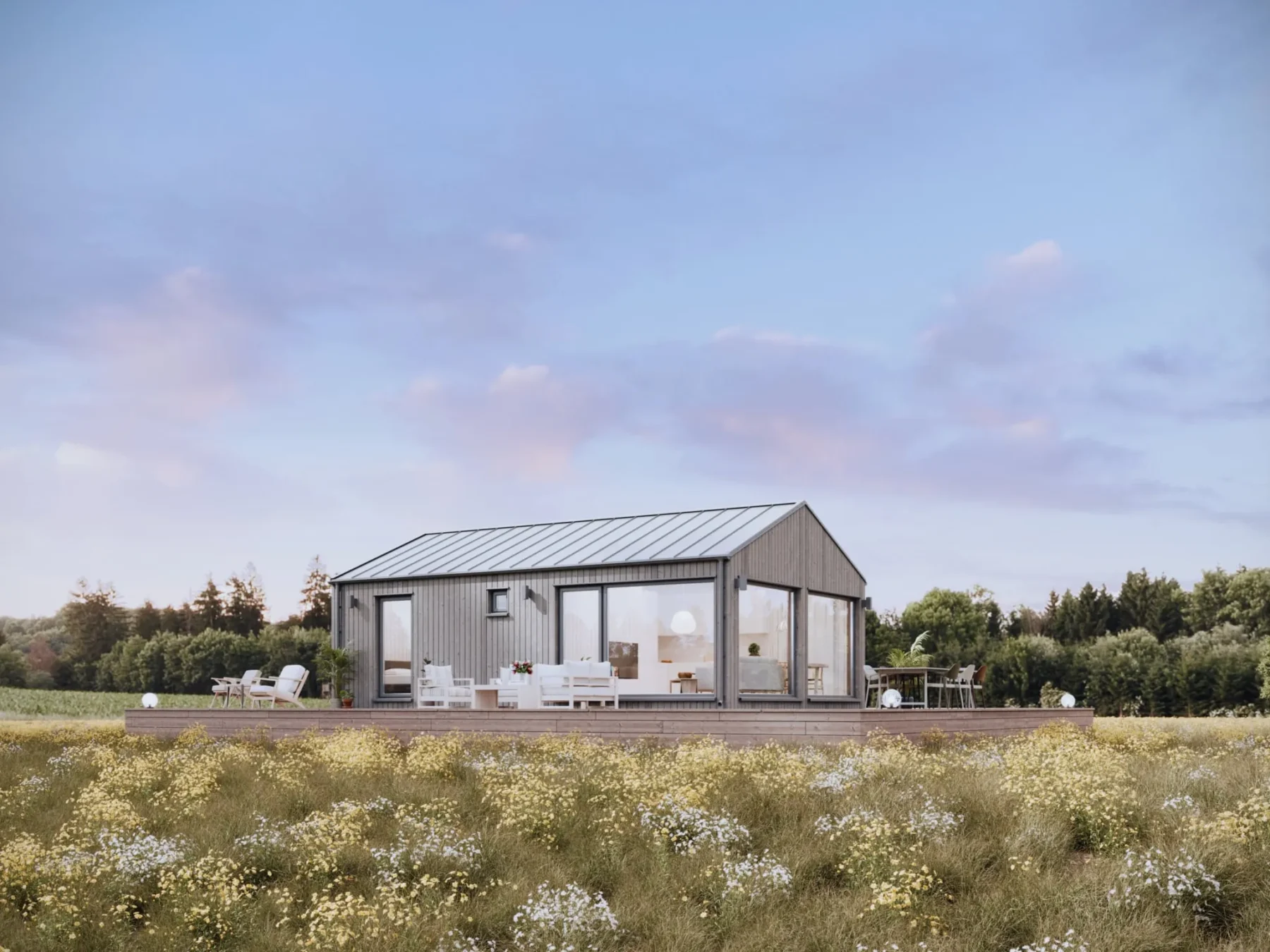 Fritidshus_50 kvm hus grå stående panel store vinduer terrasse plåttak